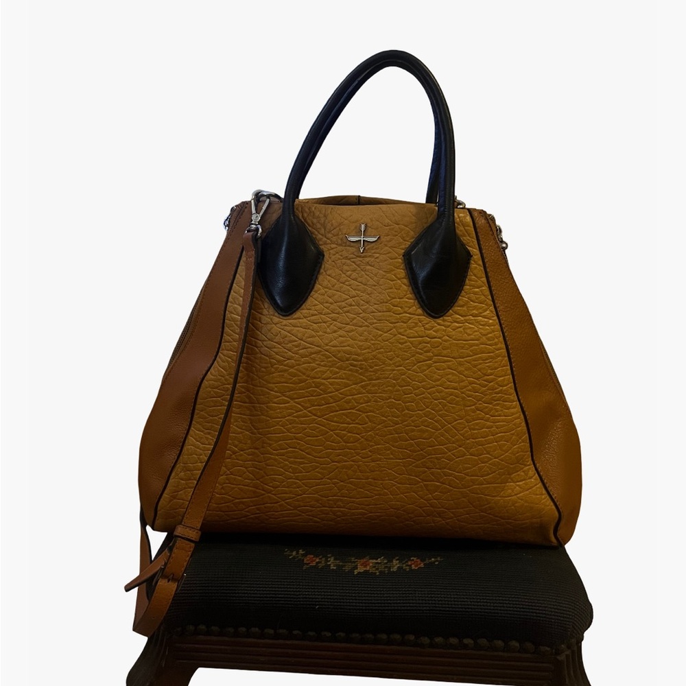 Pour La Victoire Pebbled 100% Cowhide Leather Expandable Tote Bag - Tan & Black